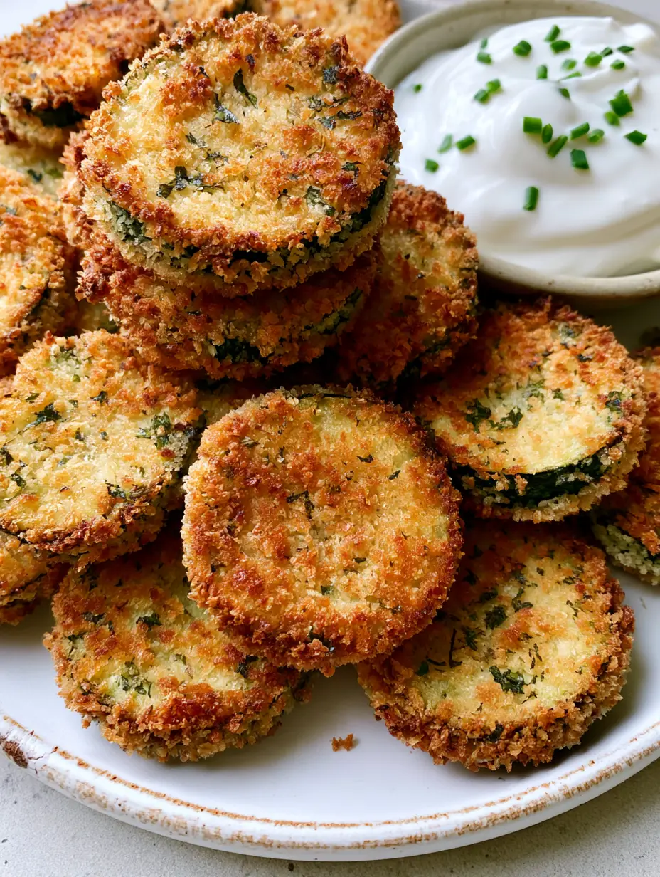 Nahaufnahme von panierten Zucchini Heißluftfritteuse Scheiben mit sichtbaren Petersilienflocken.