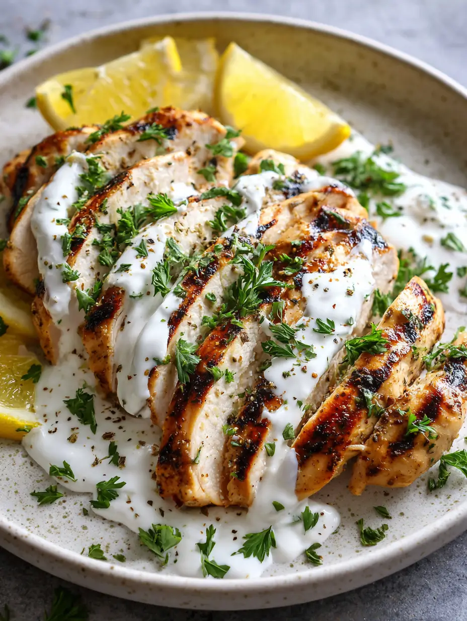 Detailansicht von saftigem Hähnchen mit dunklen Grillmarken und cremiger weißer Sauce. (Griechische Hähnchen-Marinade)