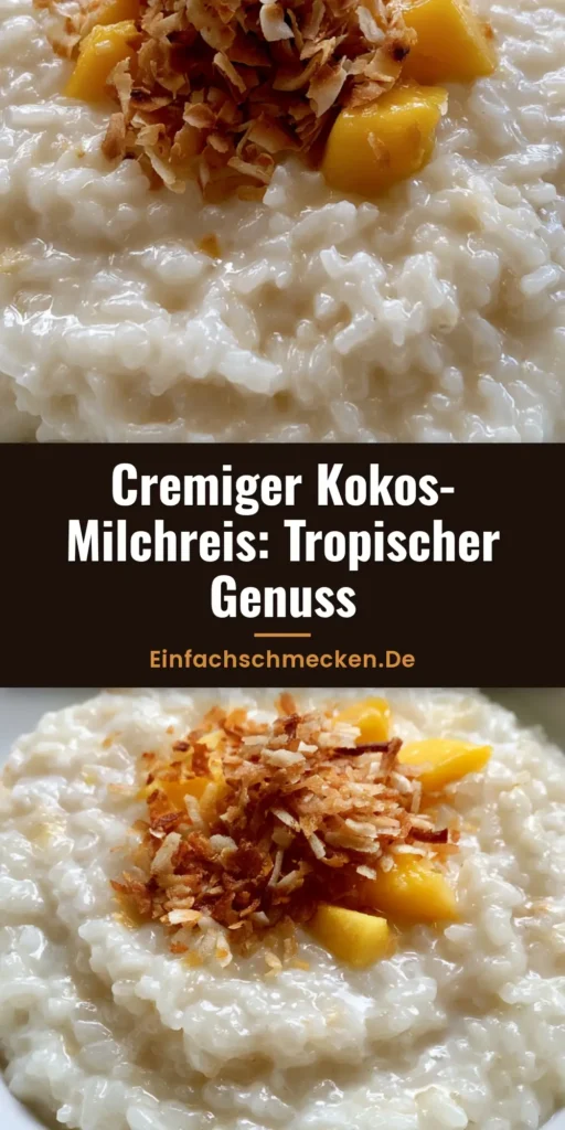 Eine Schüssel cremiger Kokos-Milchreis garniert mit Mangowürfeln und gerösteten Kokoschips auf einem grauen Untergrund.