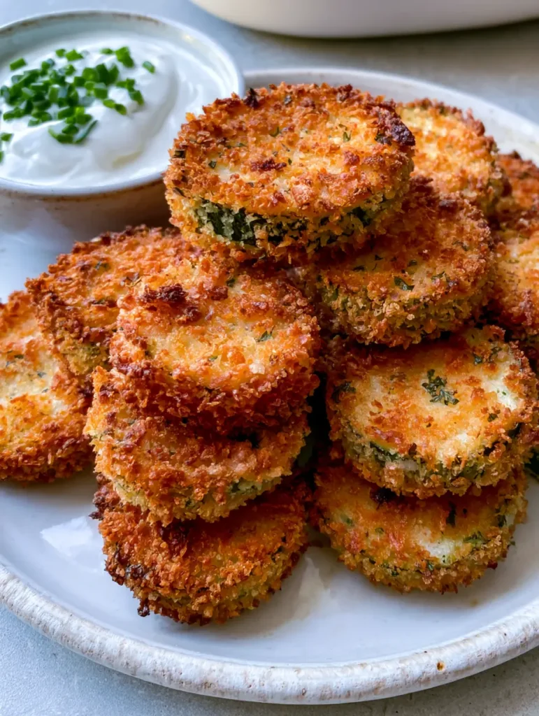Ein Stapel knuspriger Zucchini Heißluftfritteuse Ronden neben einer Schale Schmand-Dip mit Schnittlauch.