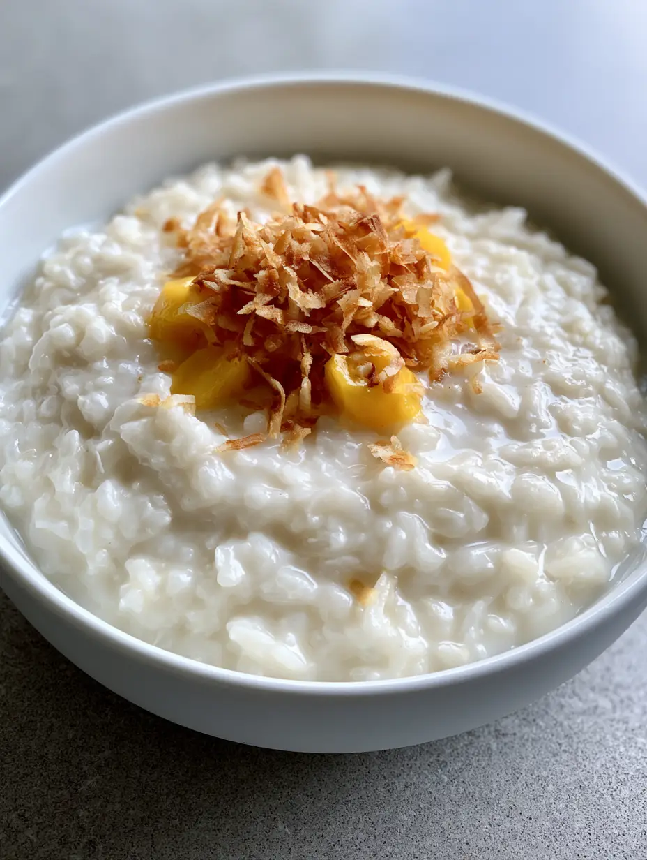 Nahaufnahme von Kokos-Milchreis in einer weißen Keramikschale mit Mango-Topping.