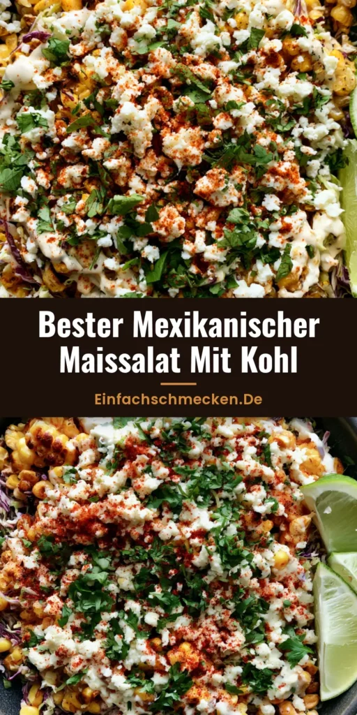 Nahaufnahme eines mexikanischen Maissalats in einer dunklen Schüssel mit geröstetem Mais, Kohl, Käse und Koriander. (Mexikanischer Maissalat)