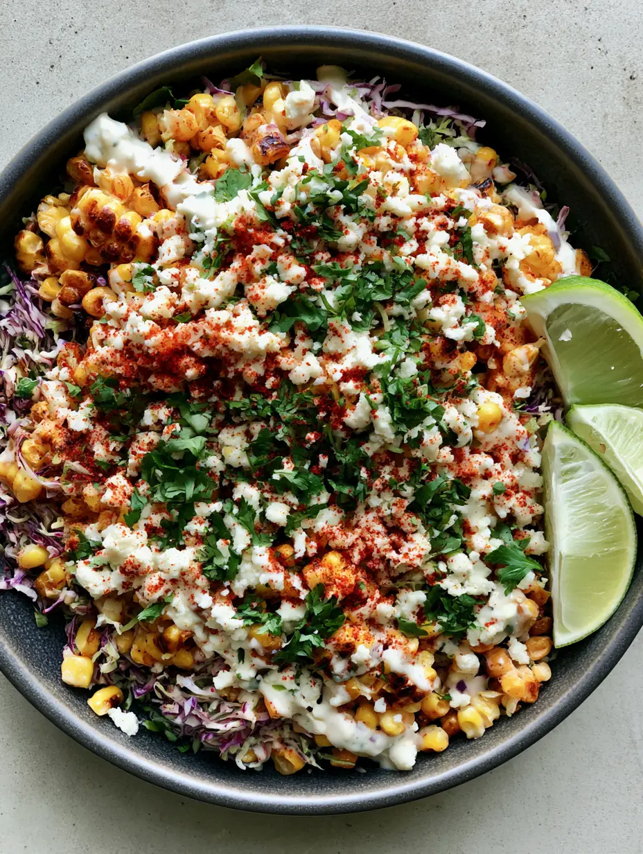 Draufsicht auf einen bunten mexikanischen Maissalat mit cremigem Dressing und Limetten. (Mexikanischer Maissalat)