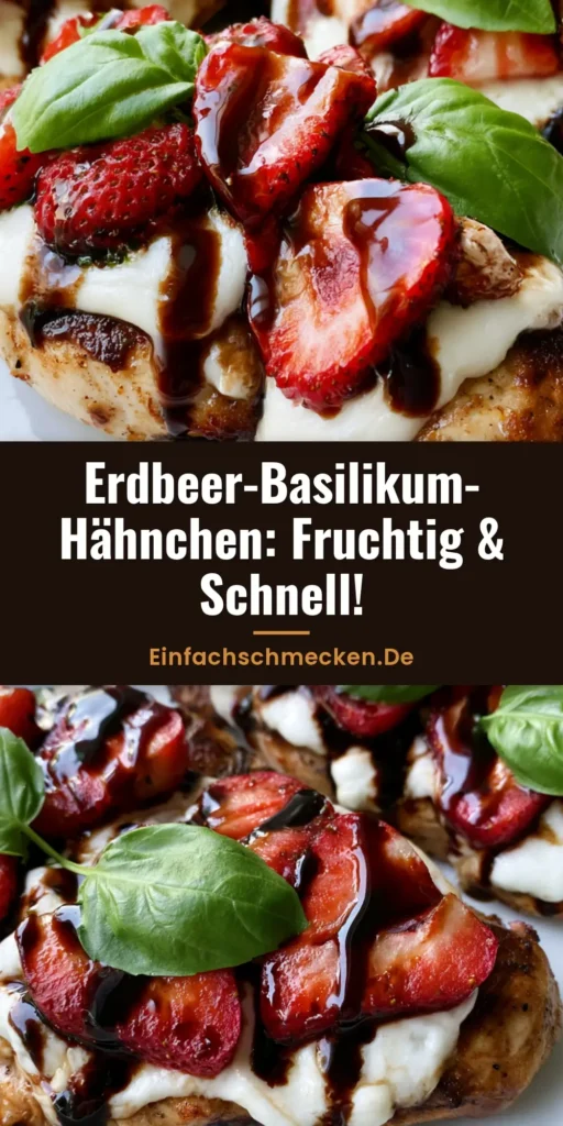 Nahaufnahme von Erdbeer-Basilikum-Hähnchen auf einem weißen Teller mit geschmolzenem Mozzarella und Balsamico-Drizzle.