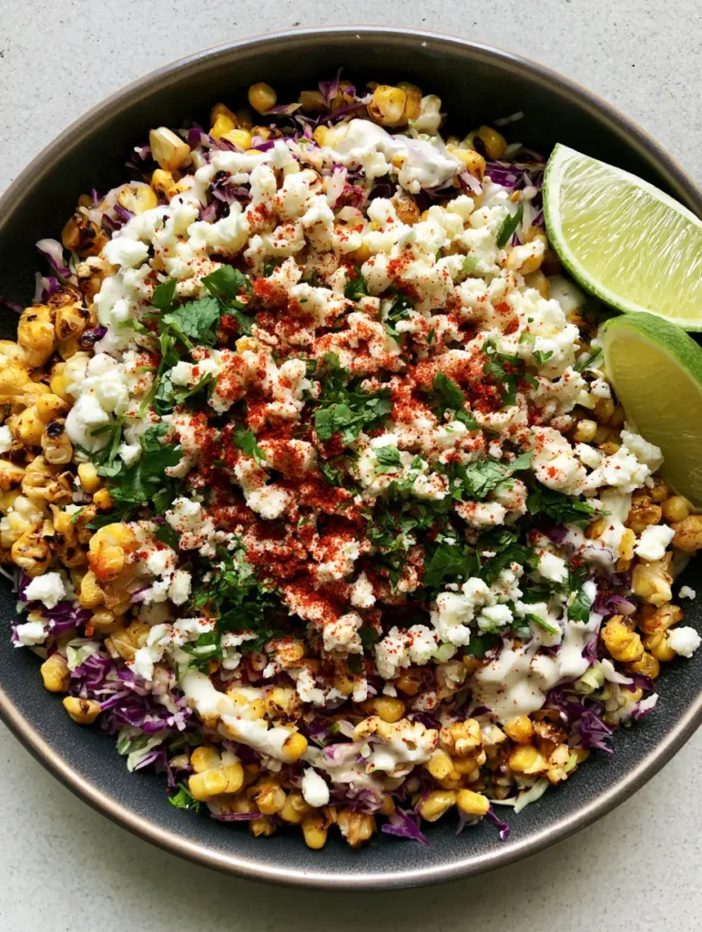 Detailaufnahme von geröstetem Mais und fein geschnittenem Rotkohl in einem mexikanischen Salat.