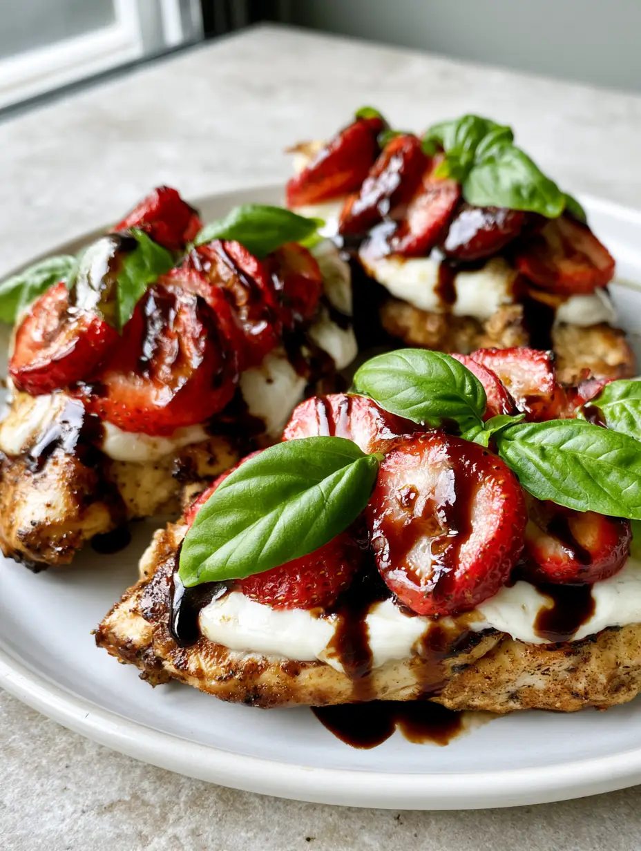 Saftig gebratene Hähnchenbrust mit weißem Mozzarella, frischen Erdbeeren und Basilikum auf einem grauen Untergrund.