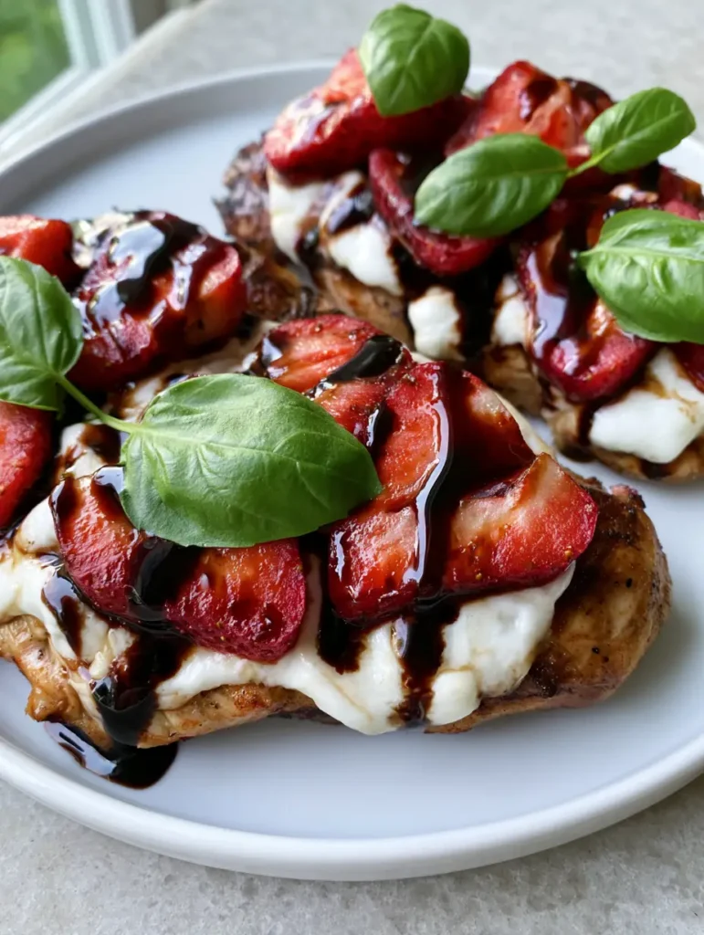 Draufsicht auf das Erdbeer-Basilikum-Hähnchen mit Fokus auf die glänzende Balsamico-Glasur.