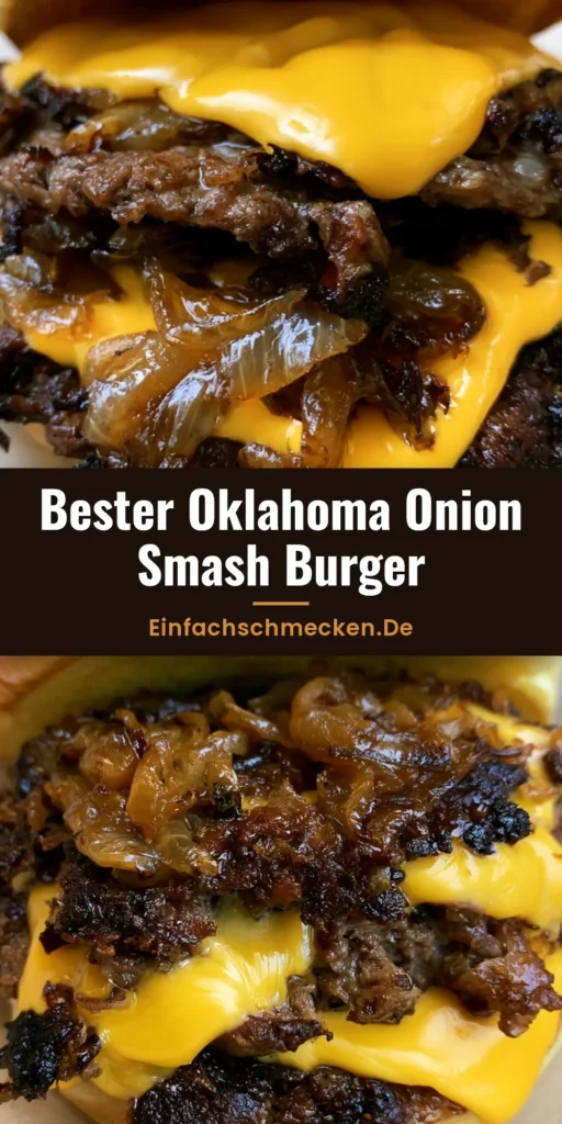 Ein saftiger Oklahoma Onion Smash Burger mit knusprigen Fleischrändern und viel geschmolzenem Käse auf Pergamentpapier.