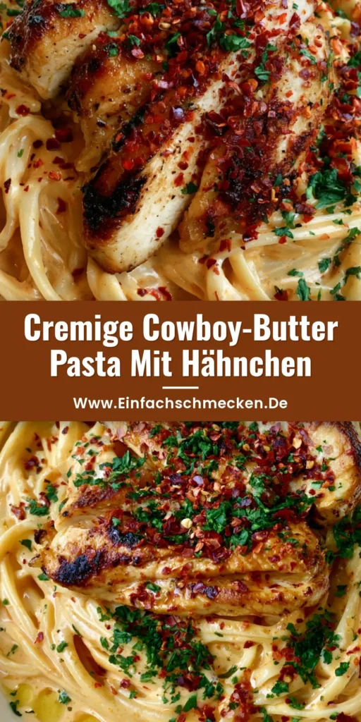 Nahaufnahme von Cowboy-Butter Pasta mit Linguine, cremiger Sauce, Hähnchen und Chiliflocken in einer weißen Schüssel.