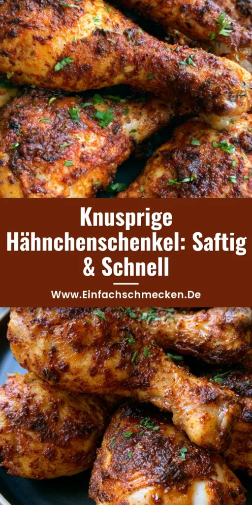 Goldbraun gebackene Hähnchenschenkel aus dem Ofen auf einem dunklen Teller, bestreut mit Petersilie.