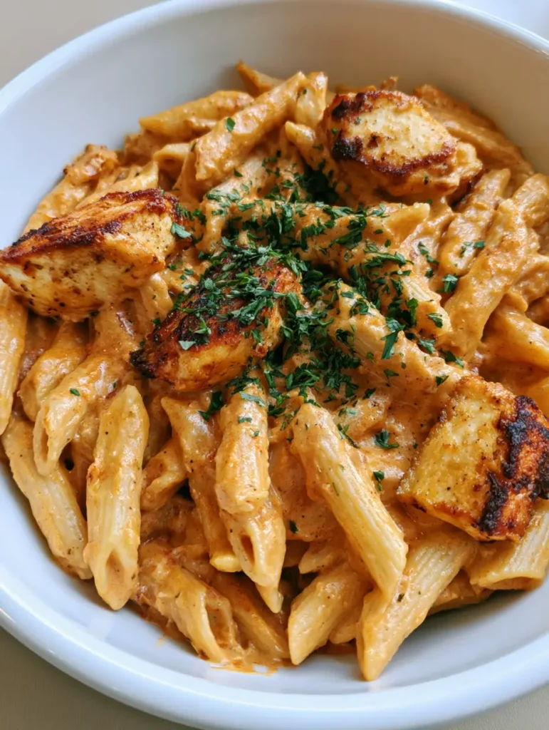 Hähnchen-Pasta mit Penne und einer reichhaltigen Sahnesauce in einer weißen Schüssel auf einem Küchentisch.