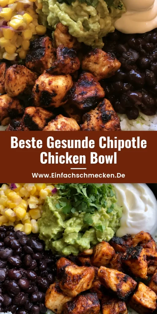 Chipotle Chicken Bowl Rezept: Die ultimative Anleitung für zuhause 4 Ein farbenfrohes Chipotle Chicken Bowl Rezept in einer dunklen Schale mit Hähnchen, Reis, Mais und Guacamole.