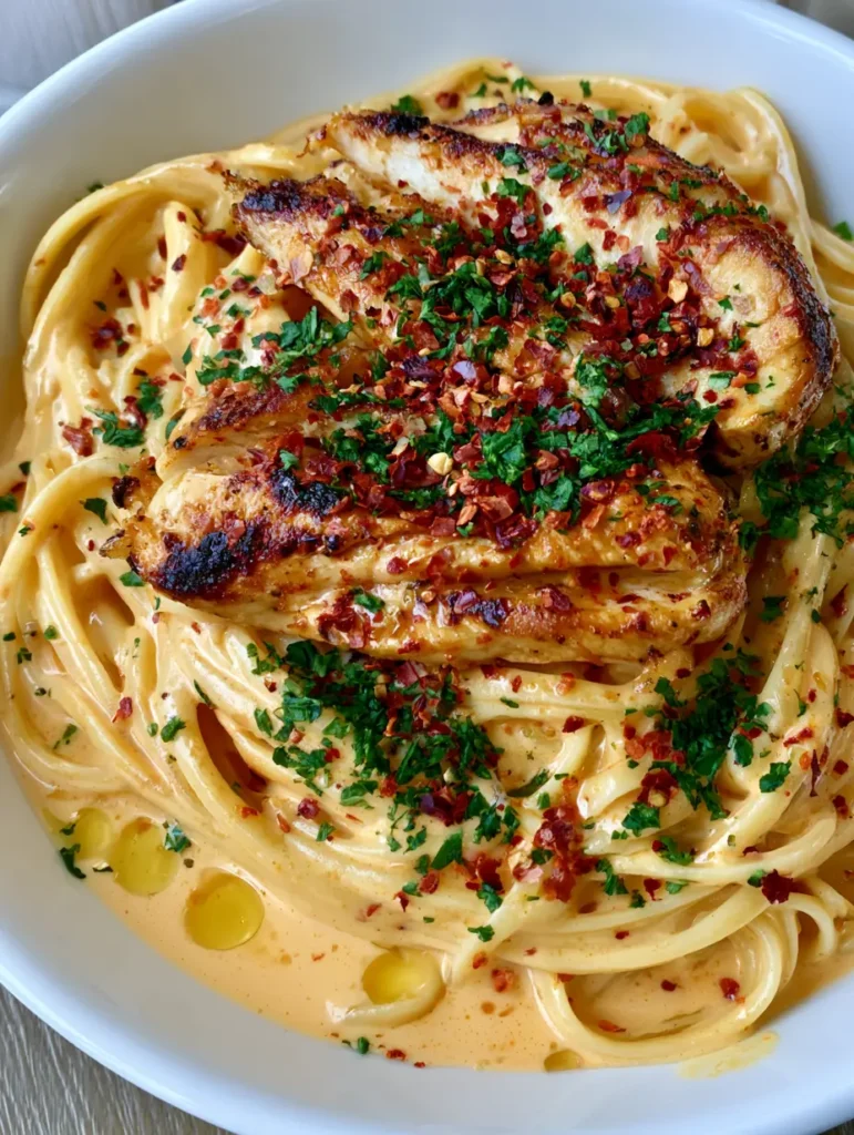 Draufsicht auf Cowboy-Butter Pasta mit goldbraunem Hähnchen und frischer Petersilie in einer weißen Keramikschale.