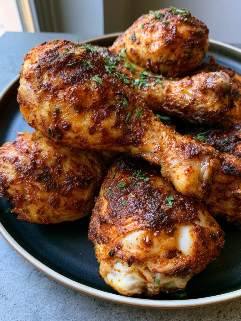 Nahaufnahme von knusprigen Hähnchenschenkeln mit Paprika-Gewürzrub auf einem Keramikteller.
