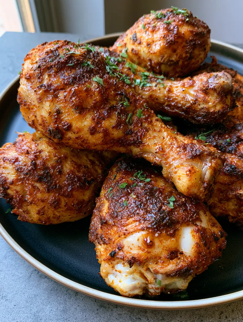 Nahaufnahme von knusprigen Hähnchenschenkeln mit Paprika-Gewürzrub auf einem Keramikteller.