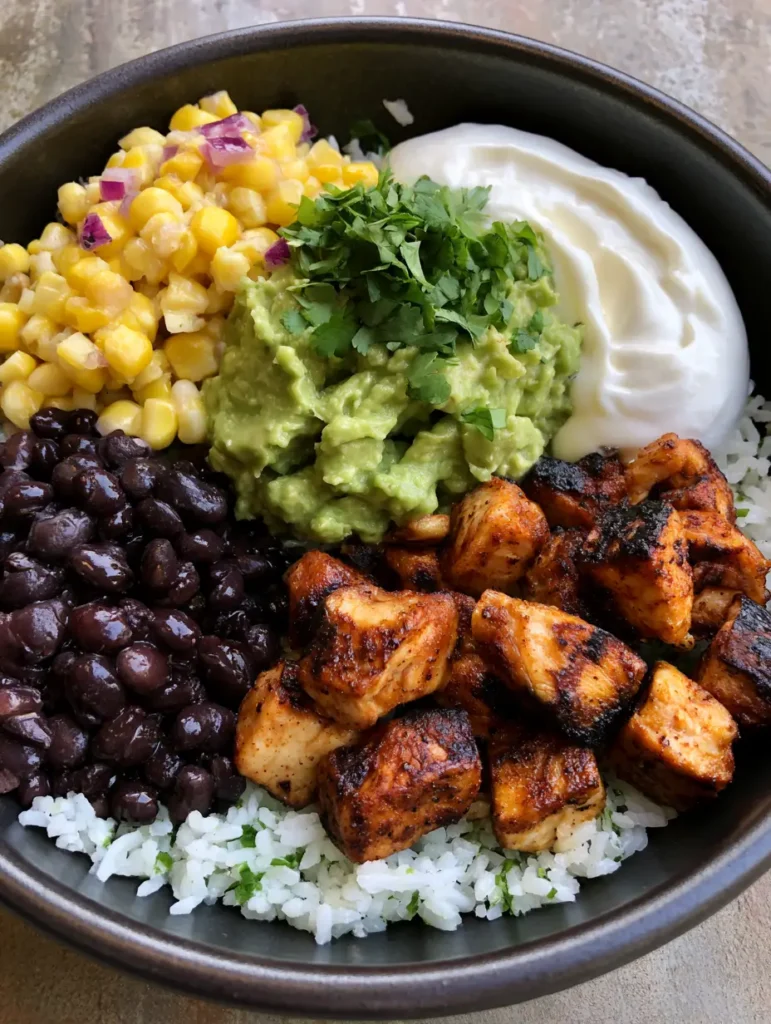 Nahaufnahme eines Chipotle Chicken Bowl Rezept mit saftigem Hähnchen und Koriander-Reis.