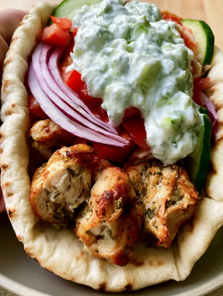 Detaillierte Ansicht der Füllung eines Hähnchen Gyros mit Tzatziki-Drizzle und Oregano-Garnitur.