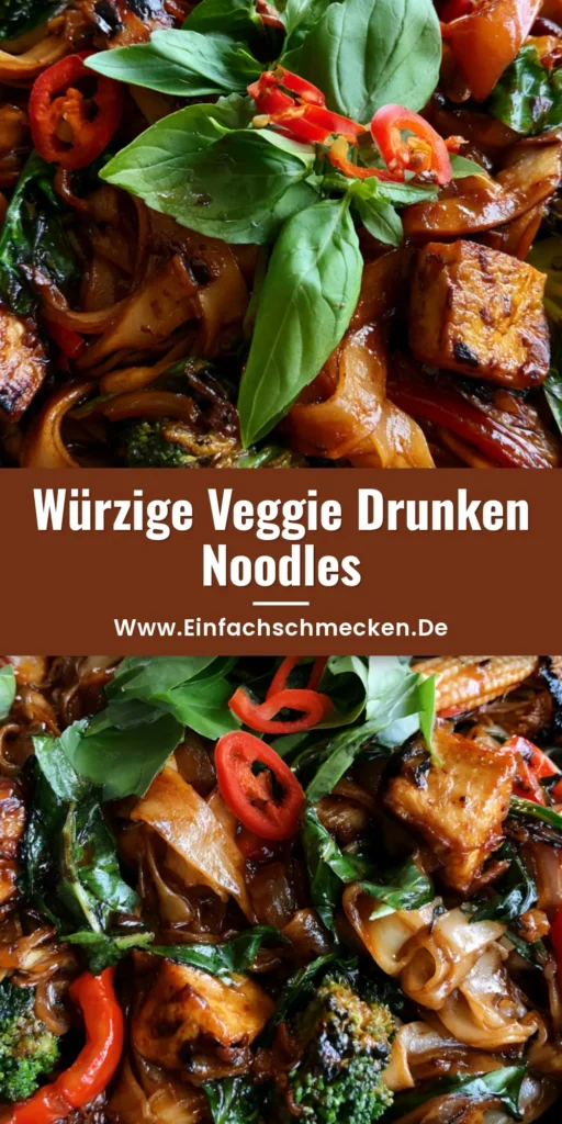 Vegetarische Drunken Noodles: Das ultimative 15-Minuten-Rezept 3 Draufsicht auf Vegetarische Drunken Noodles in einer dunklen Schale mit glänzenden Reisnudeln, Tofu und Basilikum.