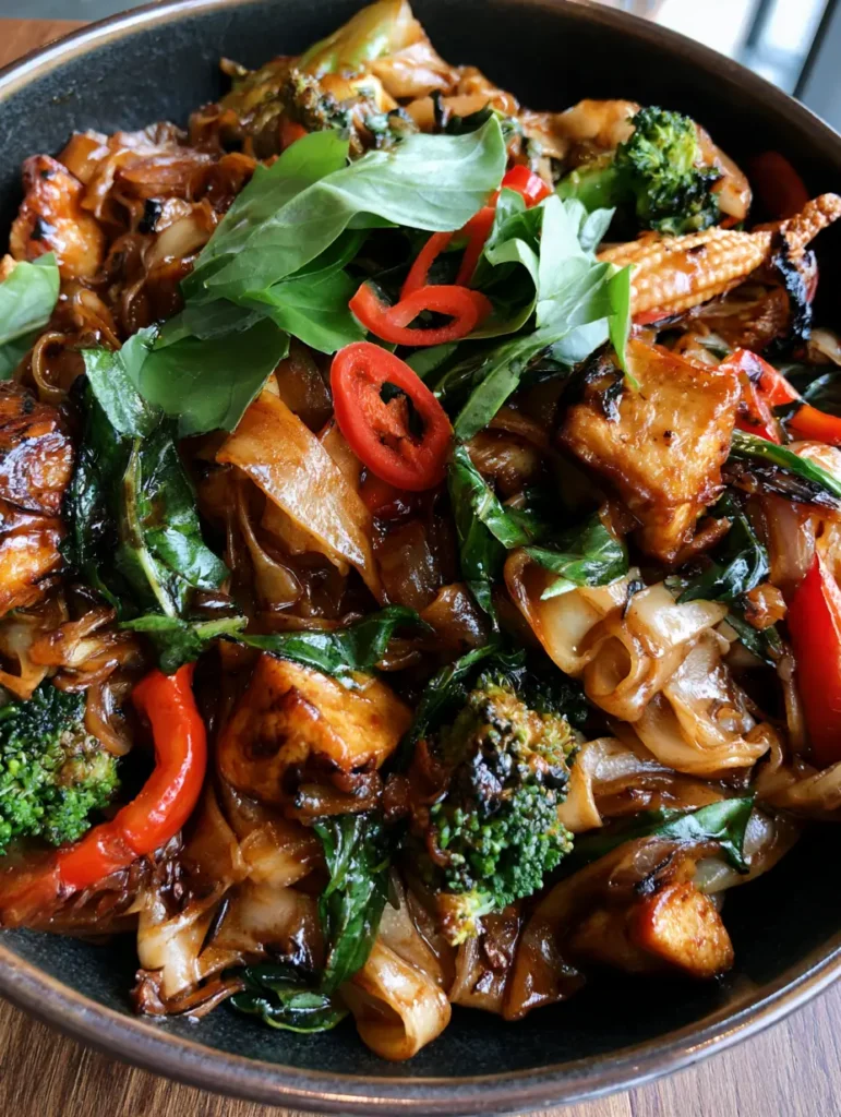 Nahaufnahme von Vegetarische Drunken Noodles mit krossem Tofu, Brokkoli und roter Paprika.