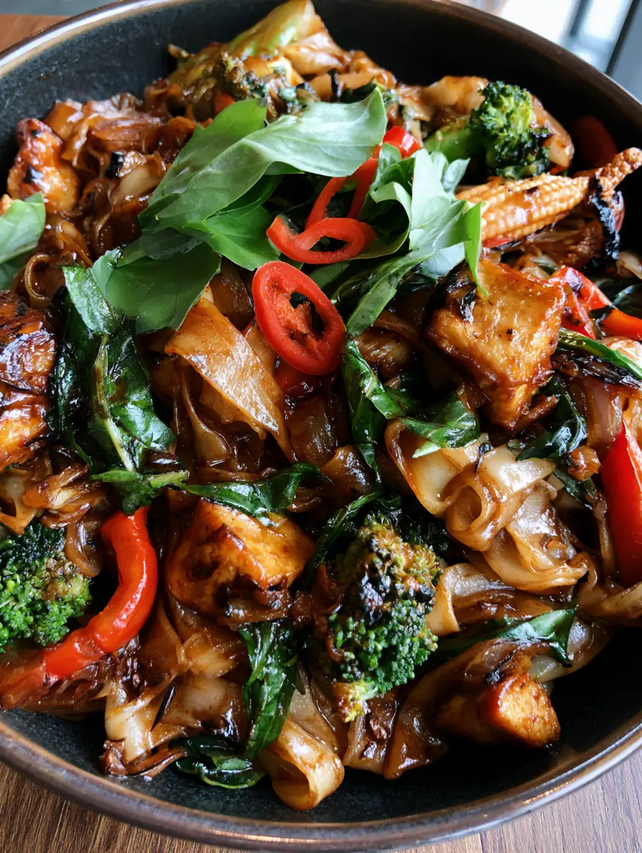 Vegetarische Drunken Noodles: Das ultimative 15-Minuten-Rezept 4 Nahaufnahme von Vegetarische Drunken Noodles mit krossem Tofu, Brokkoli und roter Paprika.