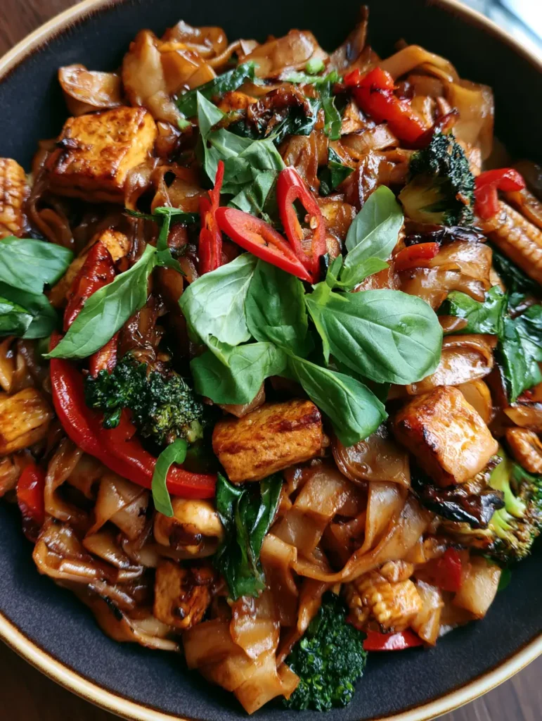Vegetarische Drunken Noodles: Das ultimative 15-Minuten-Rezept 1 Vegetarische Drunken Noodles serviert in einer dunklen Keramikschale mit viel frischem Thai-Basilikum.
