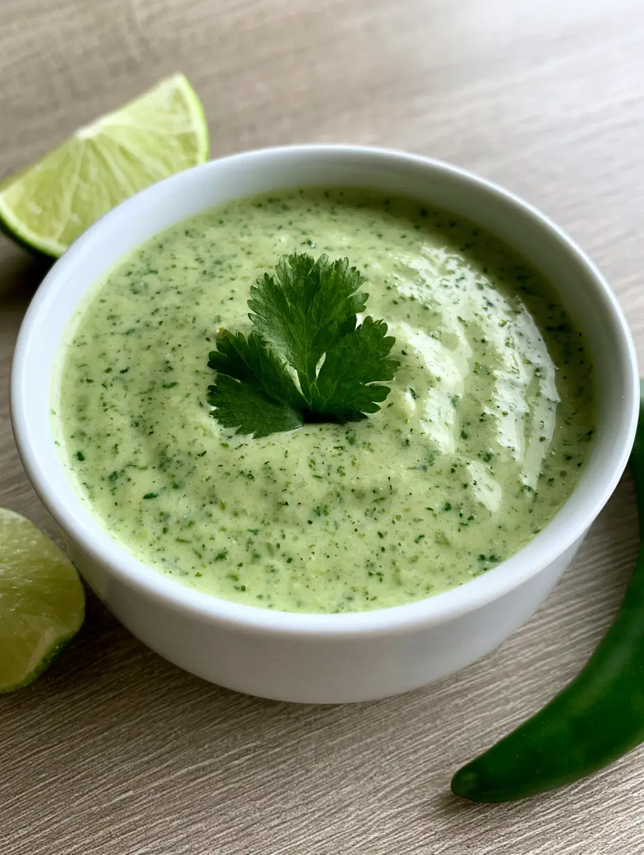 Nahaufnahme einer blassgrünen Aji Verde Sauce in einer weißen Keramikschale auf Holzuntergrund. (Aji Verde Rezept)