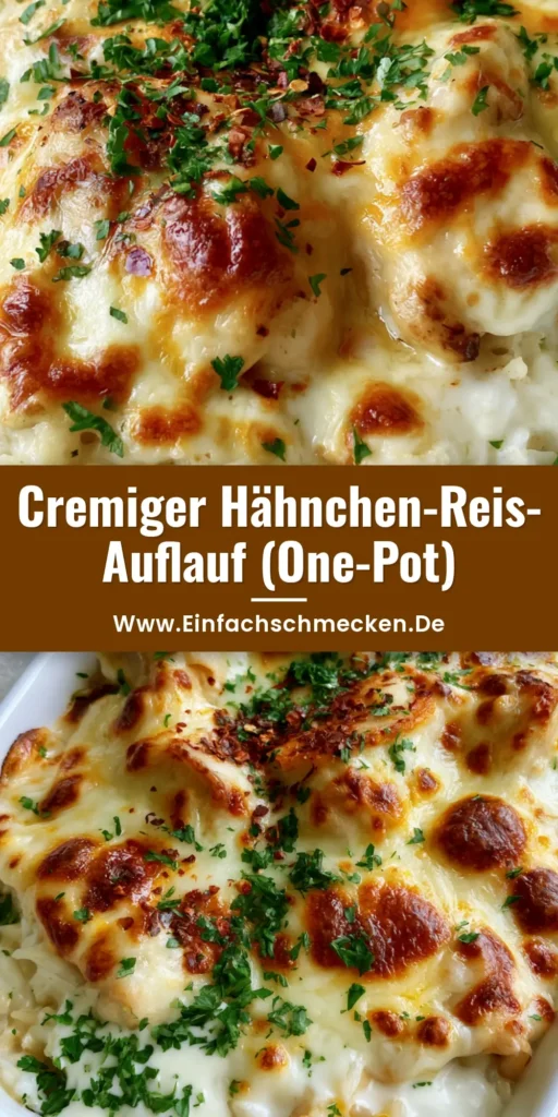 Draufsicht auf einen Hähnchen-Reis-Auflauf mit geschmolzenem Mozzarella, Cheddar und Petersilie in einer weißen Form.