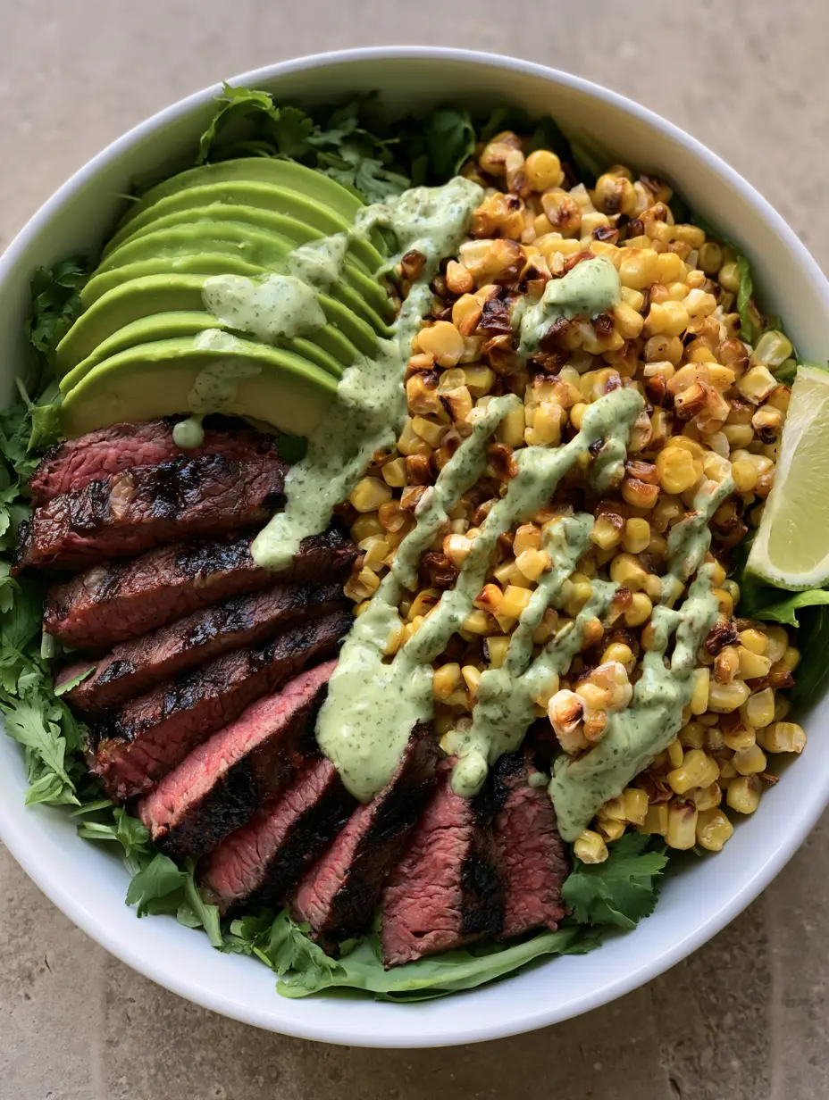 Steak Avocado Bowl: Das ultimative Rezept für Genießer 3 Nahaufnahme einer Steak Avocado Bowl auf einem Steintisch mit saftigem Fleisch und goldbraunem Mais.