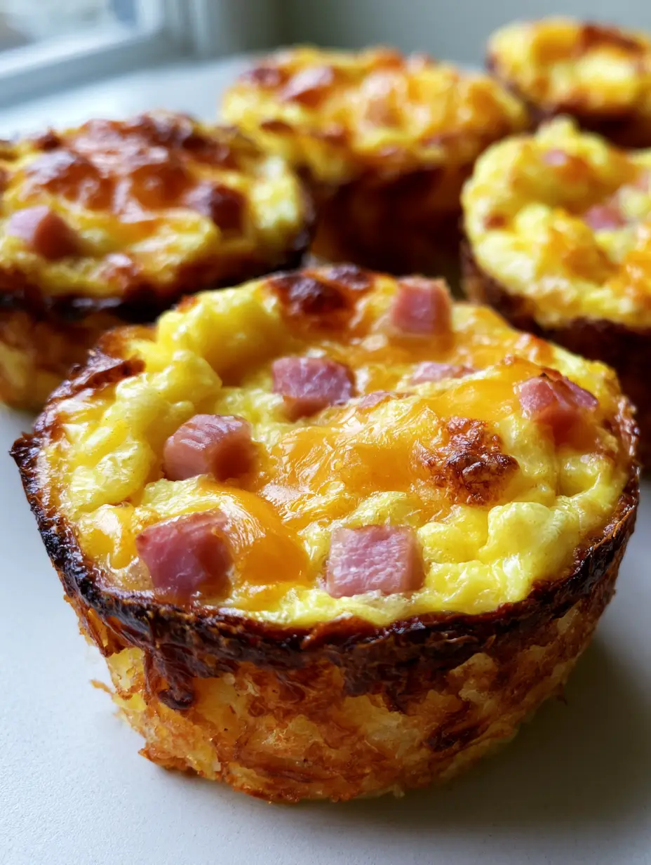 Nahaufnahme eines Frühstücks Ei Muffins in der Hand, der die Textur des knusprigen Hashbrown-Bodens und der fluffigen Eifüllung zeigt.