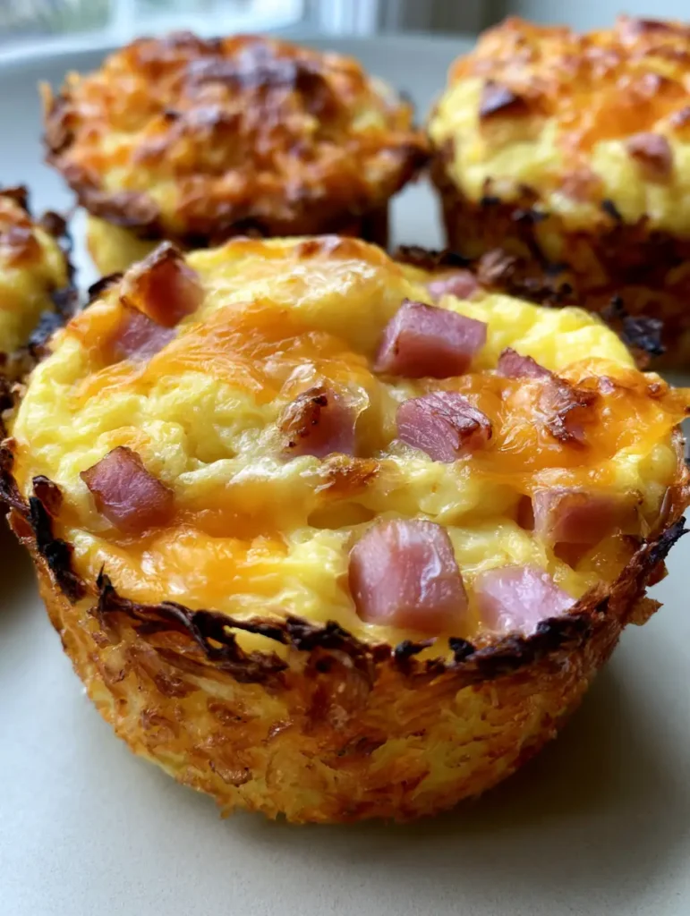 Frühstücks Ei Muffins frisch aus dem Ofen auf einem rustikalen Hintergrund mit sichtbarem Schinken und Cheddar.