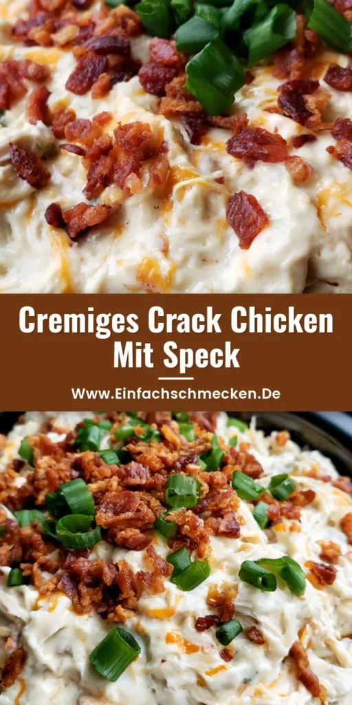 Slow Cooker Crack Chicken: Das ultimative Rezept für cremigstes Hähnchen 4 Draufsicht auf cremiges Slow Cooker Crack Chicken mit geschmolzenem Cheddar, knusprigem Speck und Frühlingszwiebeln im Keramiktopf.