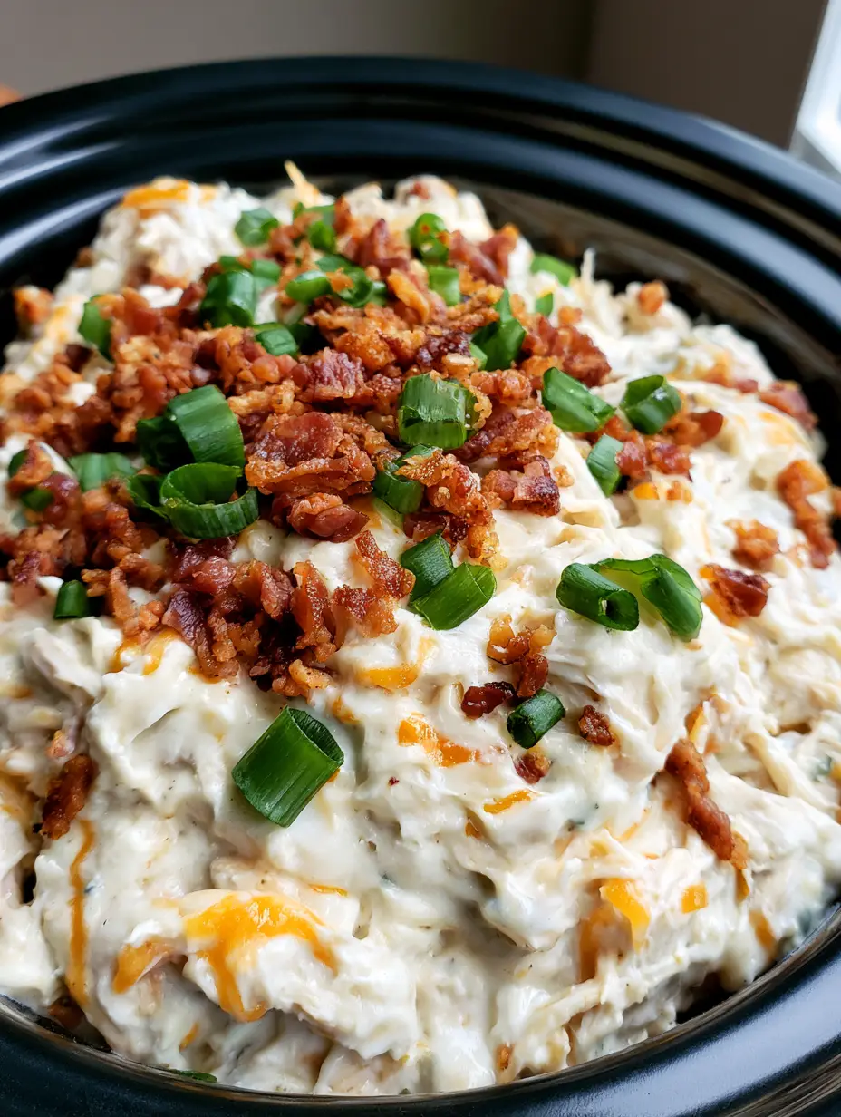 Slow Cooker Crack Chicken: Das ultimative Rezept für cremigstes Hähnchen 3 Nahaufnahme von gezupftem Hähnchen in einer dicken weißen Sauce mit gelben Käse-Streifen und viel Bacon-Topping (Slow Cooker Crack Chicken).