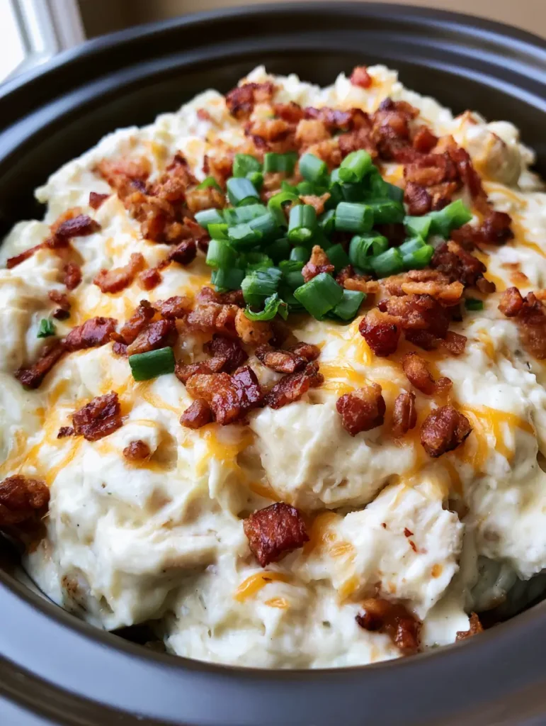 Slow Cooker Crack Chicken: Das ultimative Rezept für cremigstes Hähnchen 1 Portion Slow Cooker Crack Chicken mit reichlich grünem Zwiebel-Garnitur und krossen Speckwürfeln.