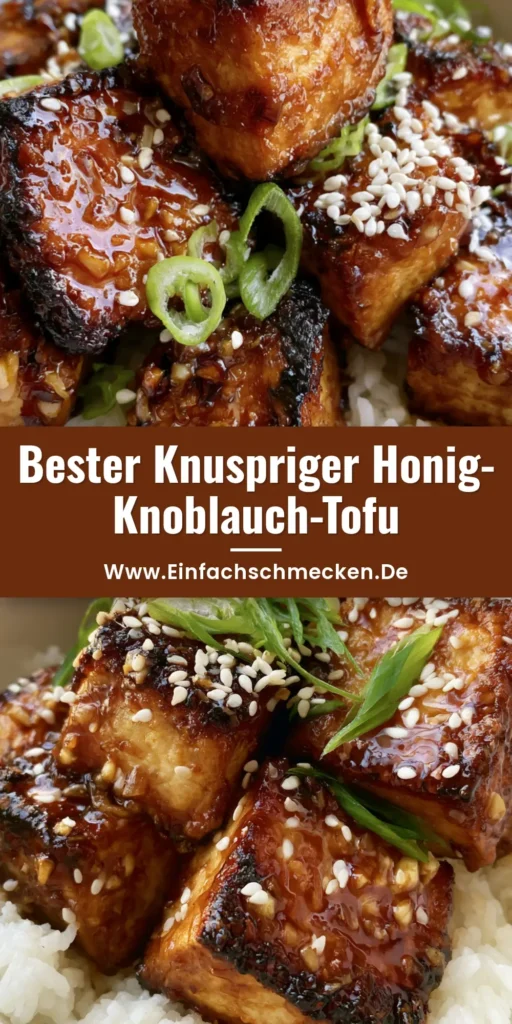Knuspriger Tofu Rezept mit glänzender Honey-Garlic Glasur und Sesam auf weißem Reis.