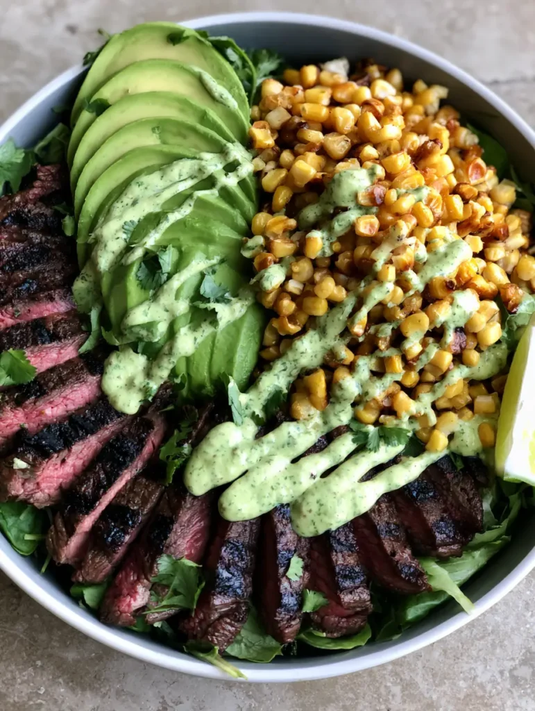 Steak Avocado Bowl: Das ultimative Rezept für Genießer 1 Handgehaltenes Foto einer bunten Steak Bowl mit viel Koriander-Creme und frischer Limette.