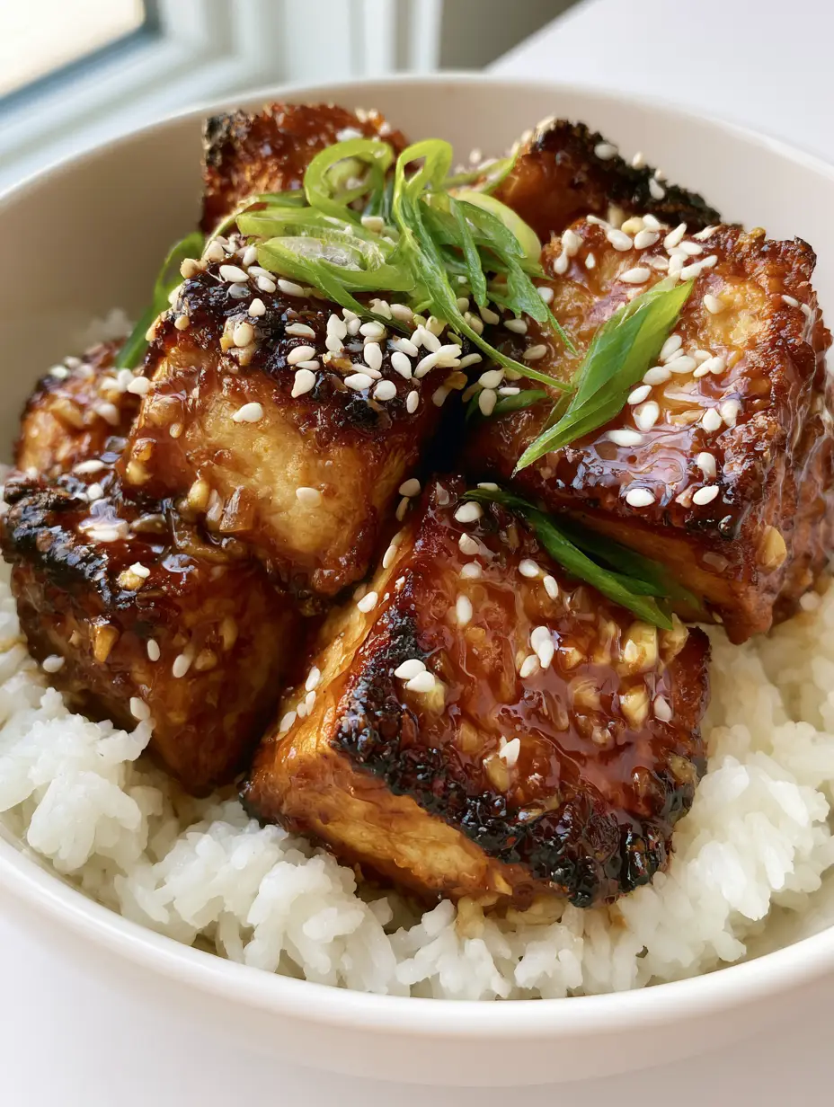 Nahaufnahme von goldbraunen Tofuwürfeln in einer weißen Schale mit Frühlingszwiebeln (Knuspriger Tofu Rezept).