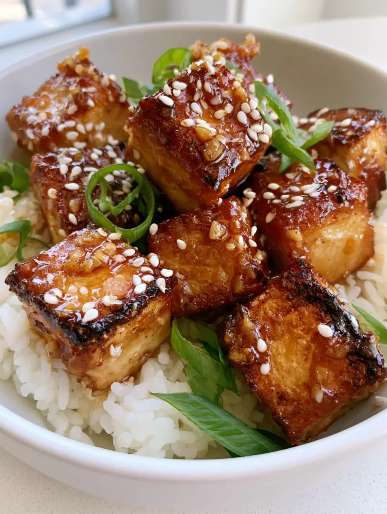 Servierfertiges Knuspriger Tofu Rezept in einer Keramikschale mit Jasminreis.