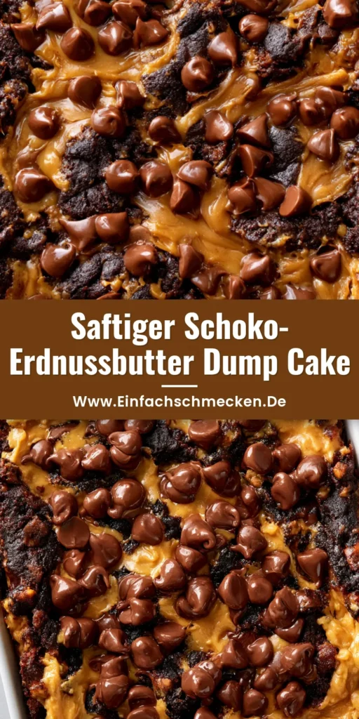 Nahaufnahme von oben eines Schoko-Erdnussbutter Dump Cakes in einer Auflaufform mit geschmolzenen Schokodrops und Erdnussbutter-Swirls.