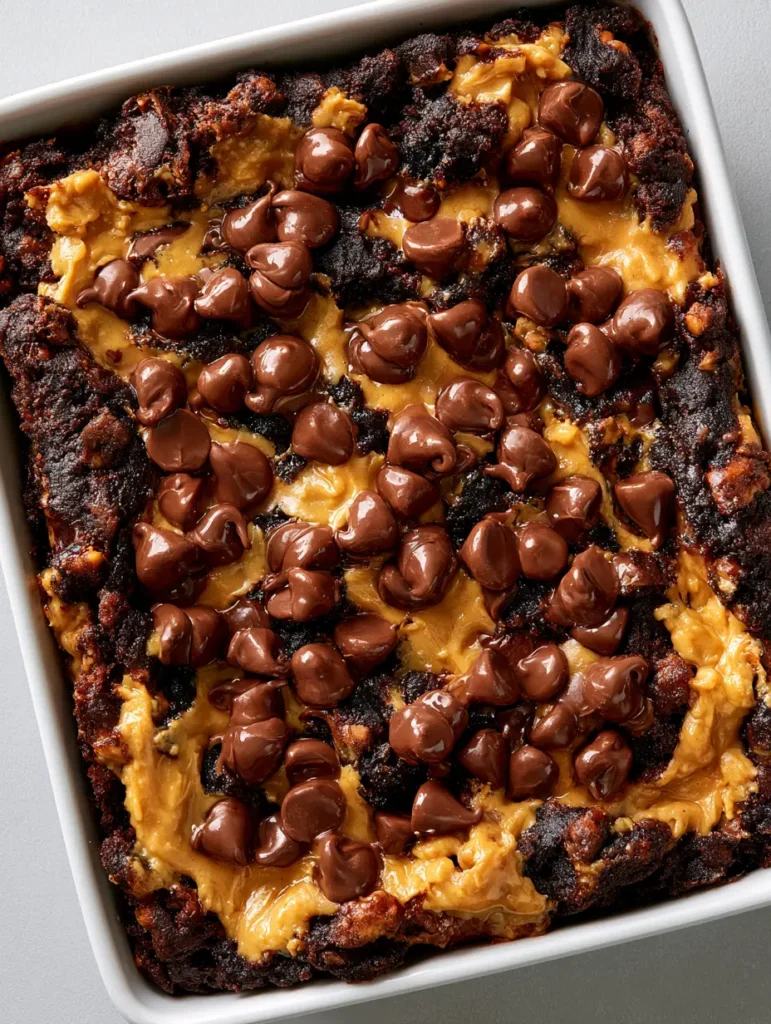 Draufsicht auf einen frisch gebackenen Schoko-Erdnussbutter Dump Cake mit goldbraunen Rändern und weichem Kern.