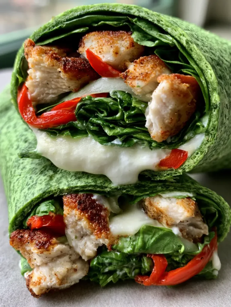Nahaufnahme eines halbierten Spinat Hähnchen Wraps mit saftiger Füllung und Knoblauchsauce.