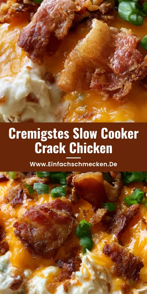 Slow Cooker Crack Chicken: Das ultimative Rezept für cremigen Genuss 4 Nahaufnahme von cremigen Slow Cooker Crack Chicken mit geschmolzenem Cheddar, knusprigem Bacon und Frühlingszwiebeln auf einem Holzhintergrund.