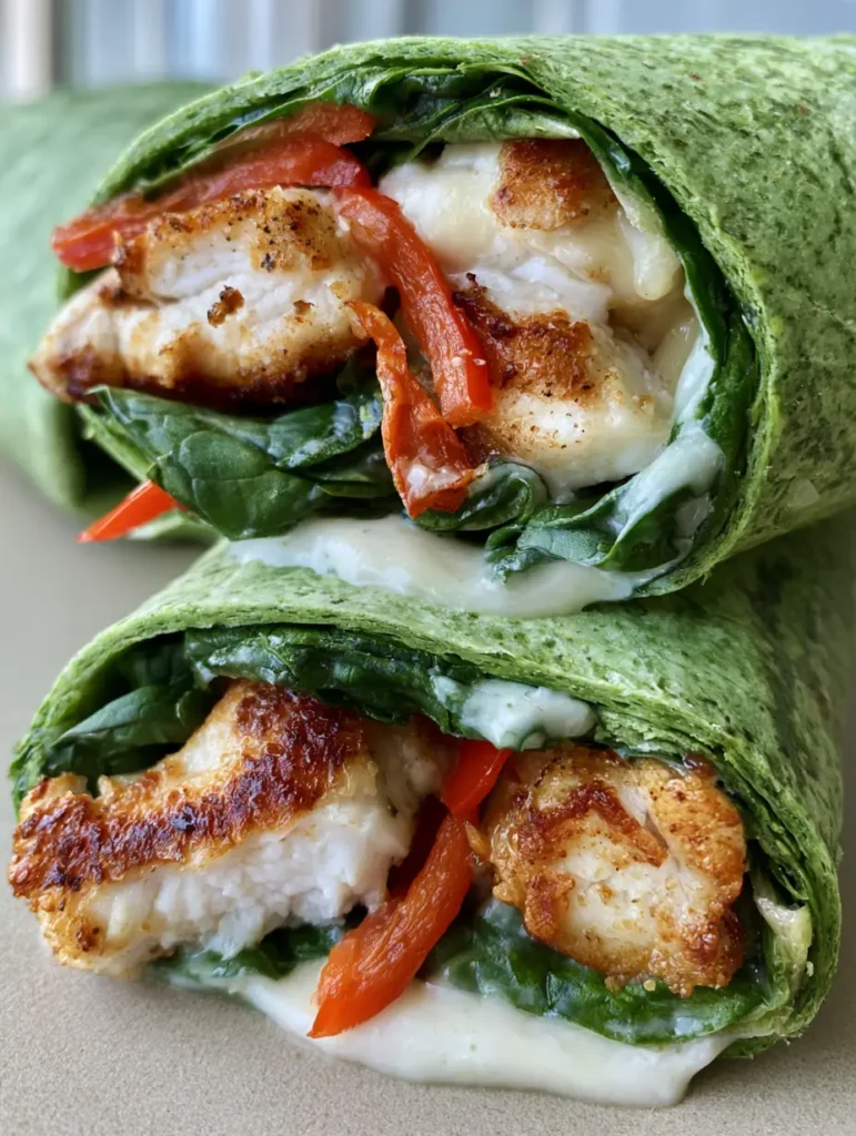 Zwei Hälften eines Spinat Hähnchen Wraps auf einer neutralen Oberfläche angerichtet.