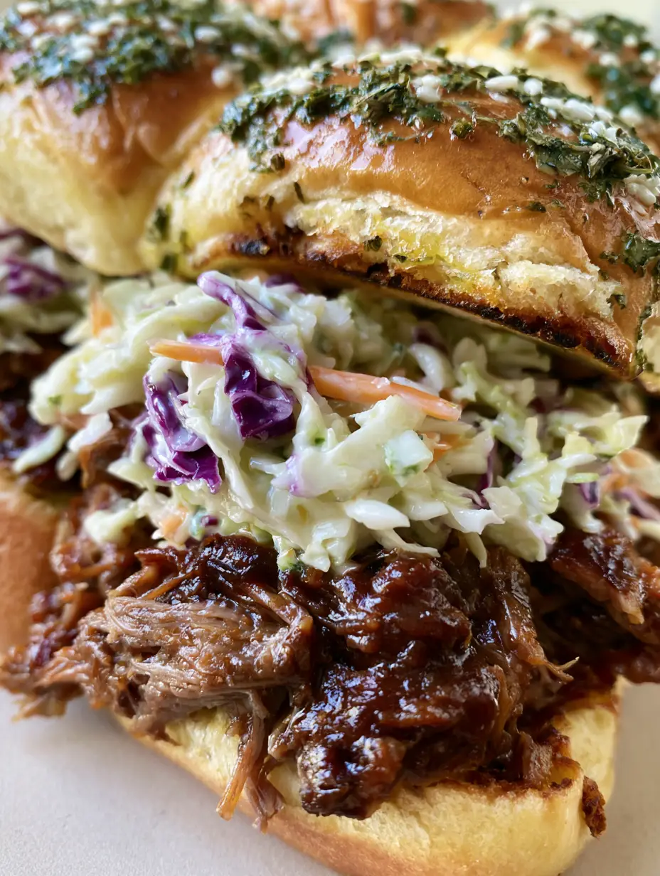 Nahaufnahme von Pulled Pork Sliders mit geschmolzener Kräuterbutter und Sesam auf goldenen Brötchen.