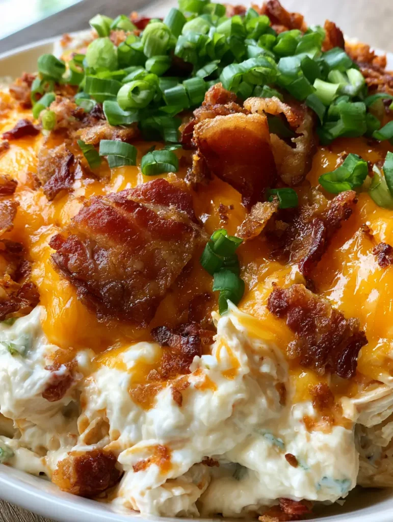 Saftiges zerzupftes Hähnchen in einer weißen Frischkäsesauce, getoppt mit Cheddar und Speckstückchen.