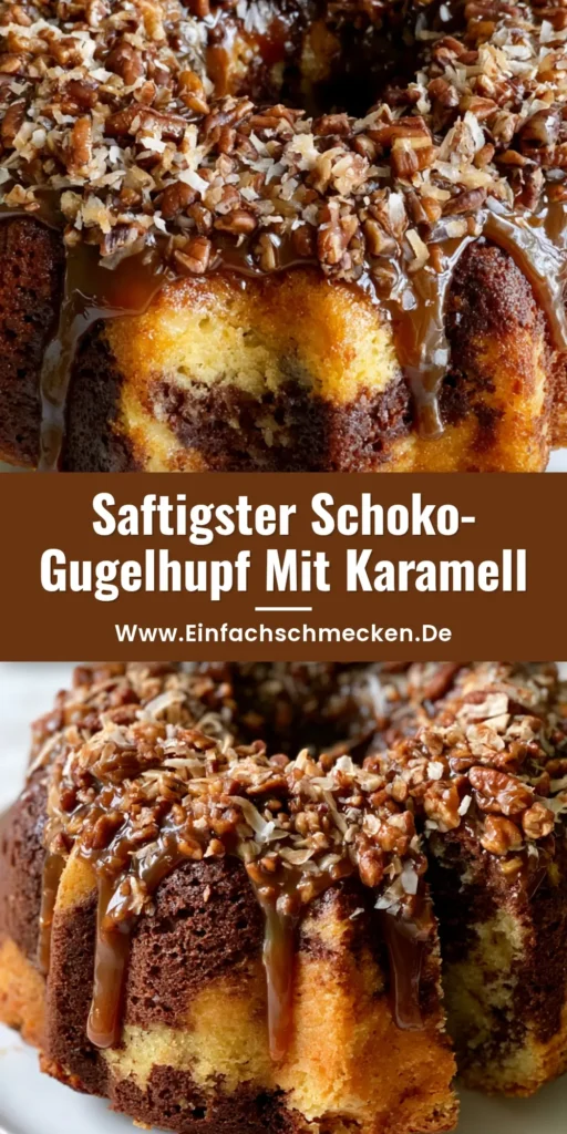 Ein hoher Schokoladen-Rührkuchen in Gugelhupfform mit dicker Karamellglasur, Pekannüssen und Kokos auf einem weißen Teller.