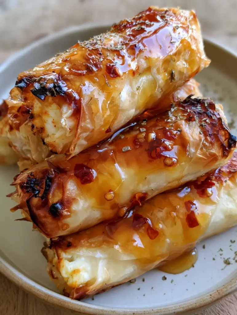 Nahaufnahme von knusprigen Feta-Röllchen mit Chili-Honig und getrockneten Kräutern.