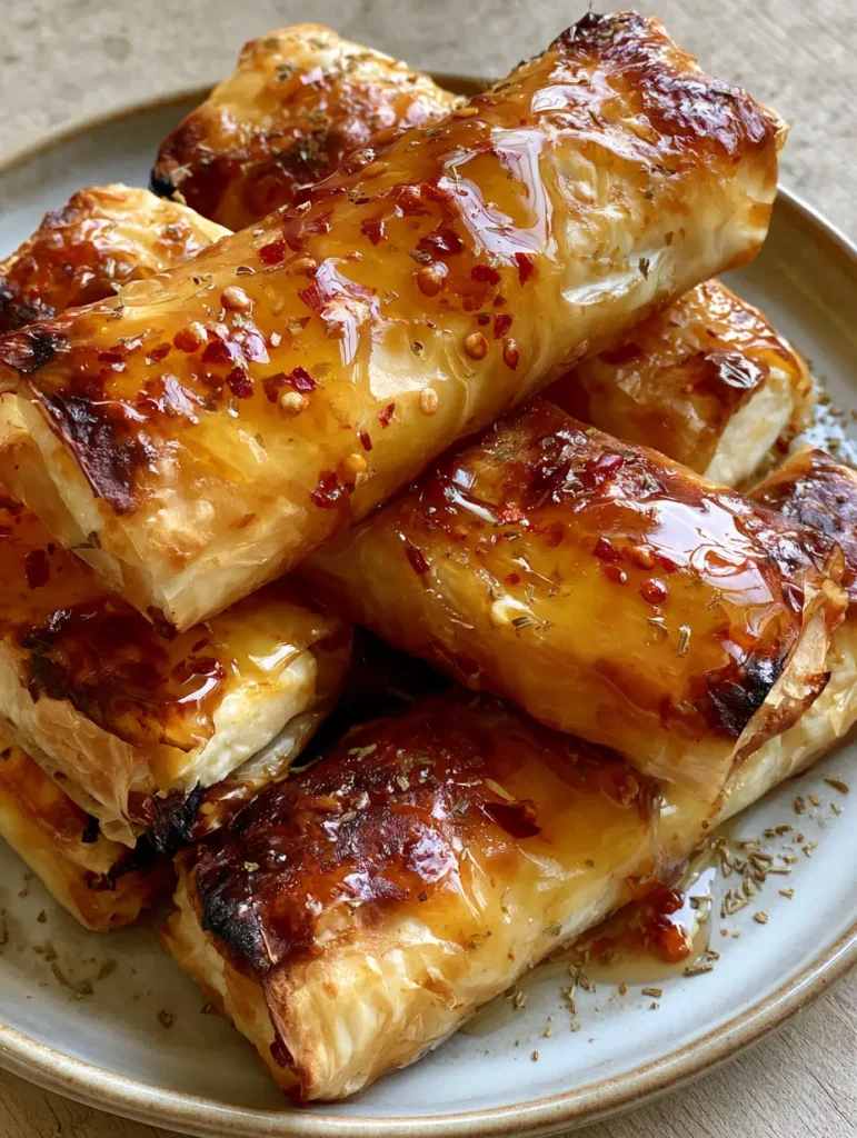 Gestapelte Feta-Röllchen mit Chili-Honig Tropfen und roten Chiliflocken auf einem Keramikteller.