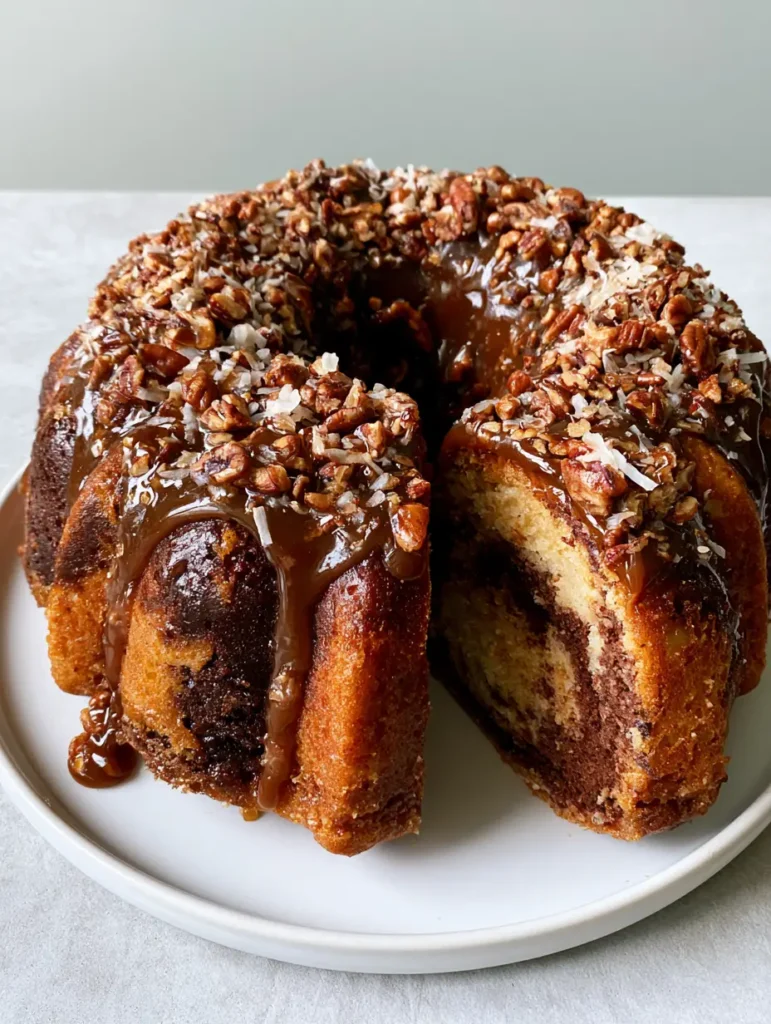Draufsicht auf die Karamellglasur mit Pekannüssen und Kokosflocken auf dem Schokoladen-Rührkuchen.
