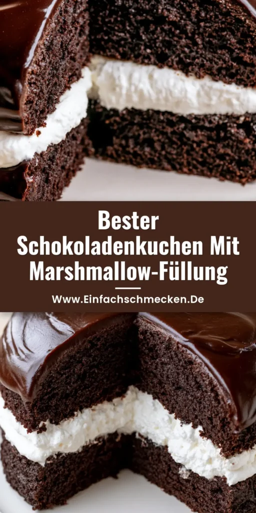 Schokoladenkuchen mit Marshmallow-Füllung – Sündhaft fluffig & cremig 4 Nahaufnahme eines angeschnittenen Schokoladenkuchens mit dicker weißer Marshmallow-Füllung und glänzender Ganache. (Schokoladenkuchen mit Marshmallow-Füllung)