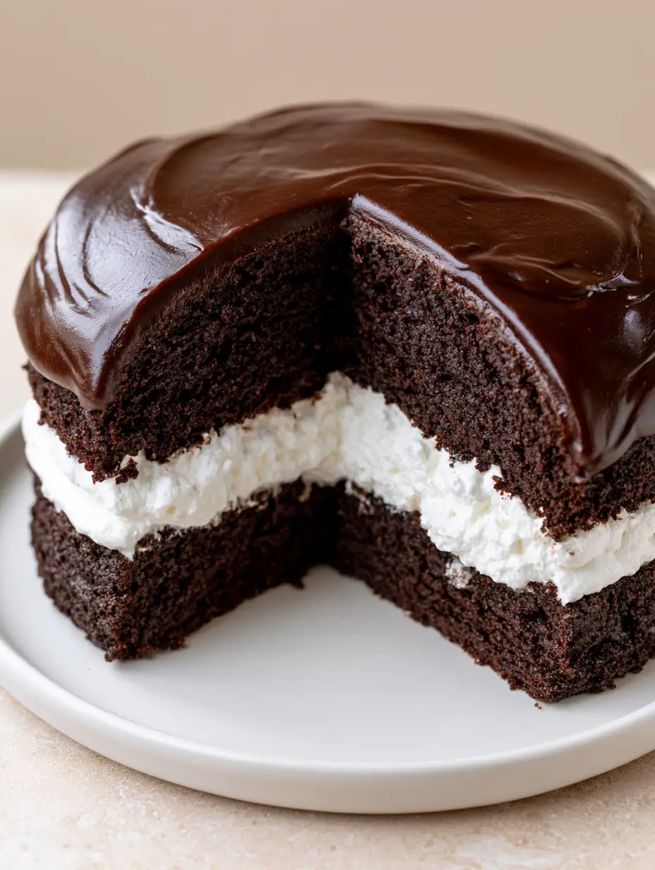 Schokoladenkuchen mit Marshmallow-Füllung – Sündhaft fluffig & cremig 3 Seitenansicht eines Schokoladenkuchens mit sichtbarer weißer Marshmallow-Creme-Schicht. (Schokoladenkuchen mit Marshmallow-Füllung)
